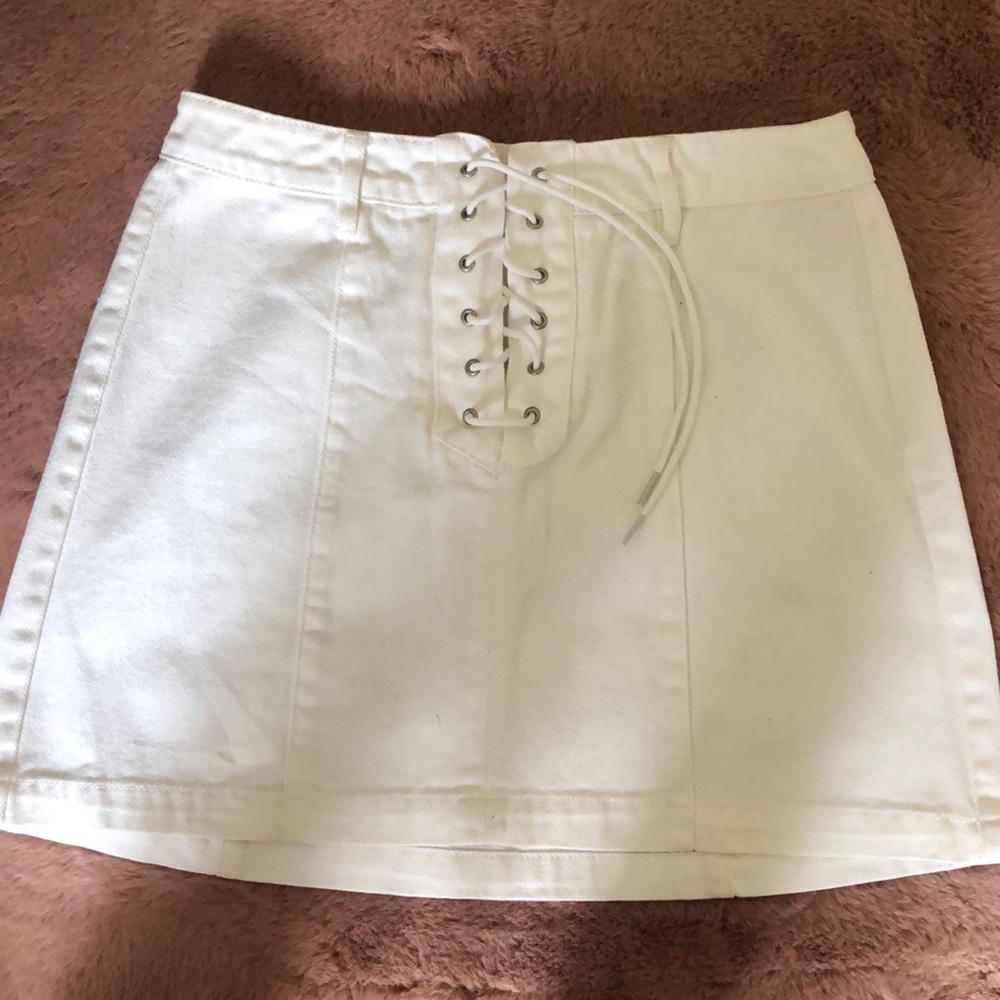 White denim lace up miniskirt